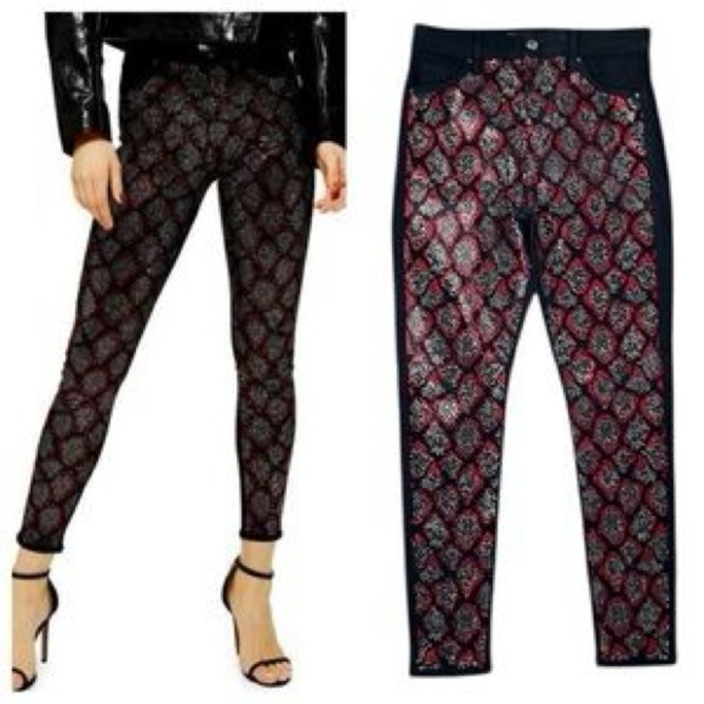 Topshop High Waist SPARKLY Rhinestones Animal Print Skinny Jeans Size 30